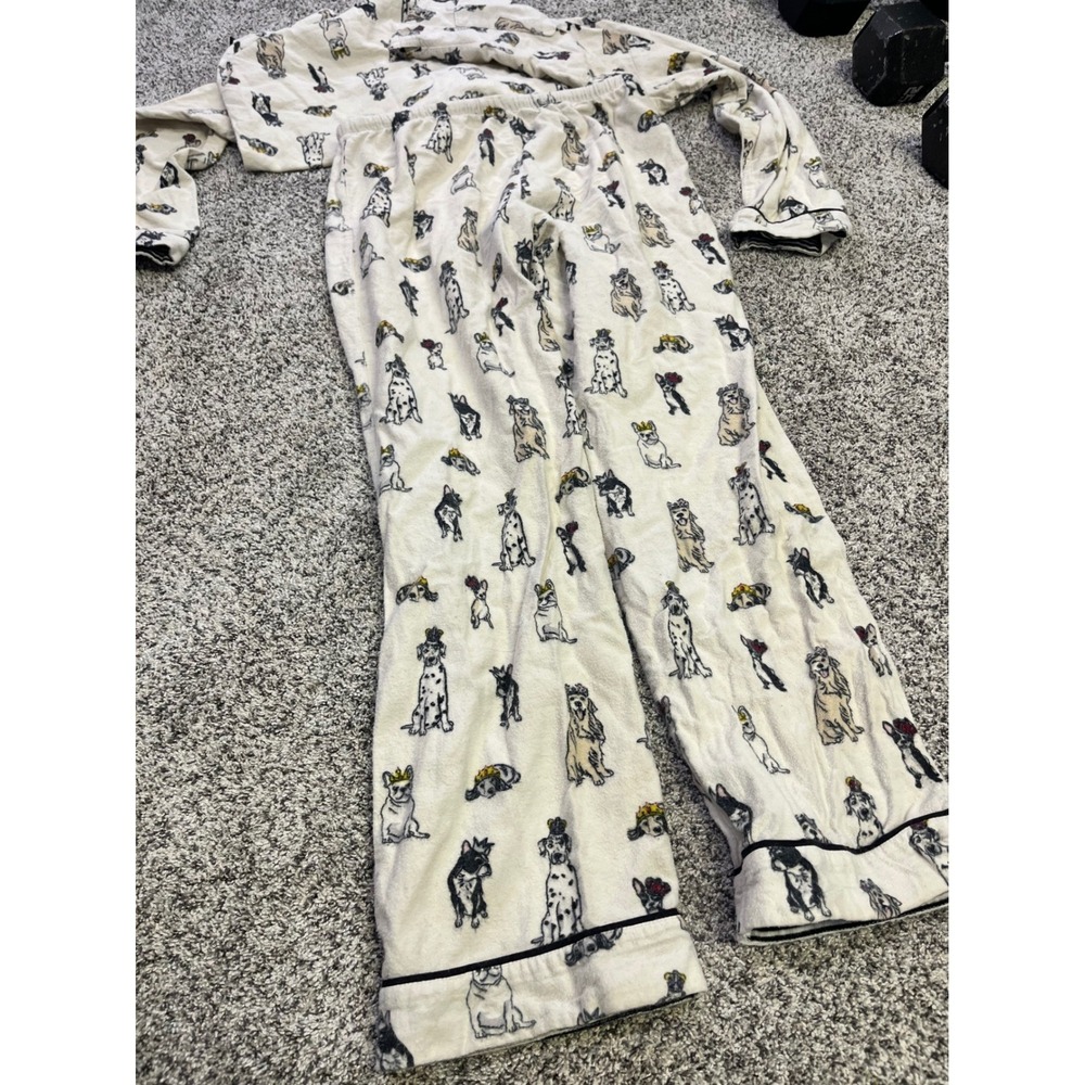PJ Salvage Women Small Dog Print Flannel Pajama Set Cream‎ Button Front Long - Picture 11 of 15